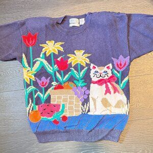 Vintage Ashley Hand Embroidered Crew Neck Cat & Flowers Sweater - M